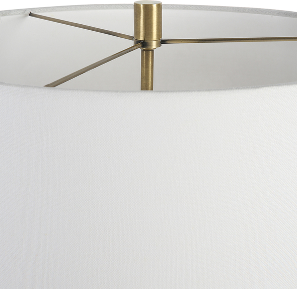 white globe bulb Uttermost Brass Rod Table Lamp Sophisticated And Timeless, This Table Lamp Showcases An Updated Traditional Feel With Solid Iron Rods Finished In Plated Antique Brass And An Elegant Crystal Foot. An Off-white Drum Shade Completes This Look.