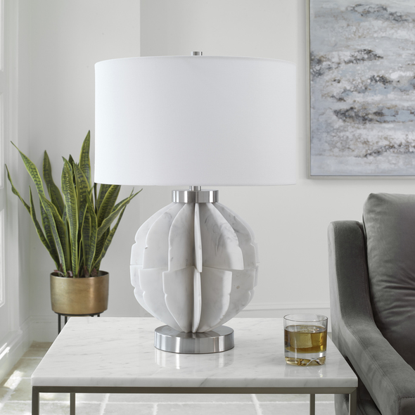 outdoor garden fairy lights Uttermost White Marble Table Lamp This Contemporary Table Lamp Features Thin Stacked Blades That Create An Organic Sphere Finished In A White Marble Look Accented By Plated Brushed Nickel Accents.