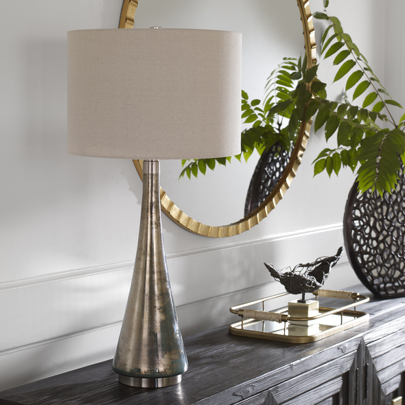glass night lamp Uttermost Metallic Glass Table Lamp This Table Lamp Features A Graceful Tapered Base Crafted From Artisanal Blue-green Metallic Glass. Iron Accents Are Finished In Brushed Nickel.
