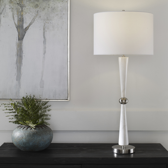 Uttermost White Table Lamp Table Lamps Timeless And Sophisticated, This Table Lamp Boasts Tapered White Marble With Subtle Gray Veining, Accented By Iron Details Finished In Brushed Nickel.
