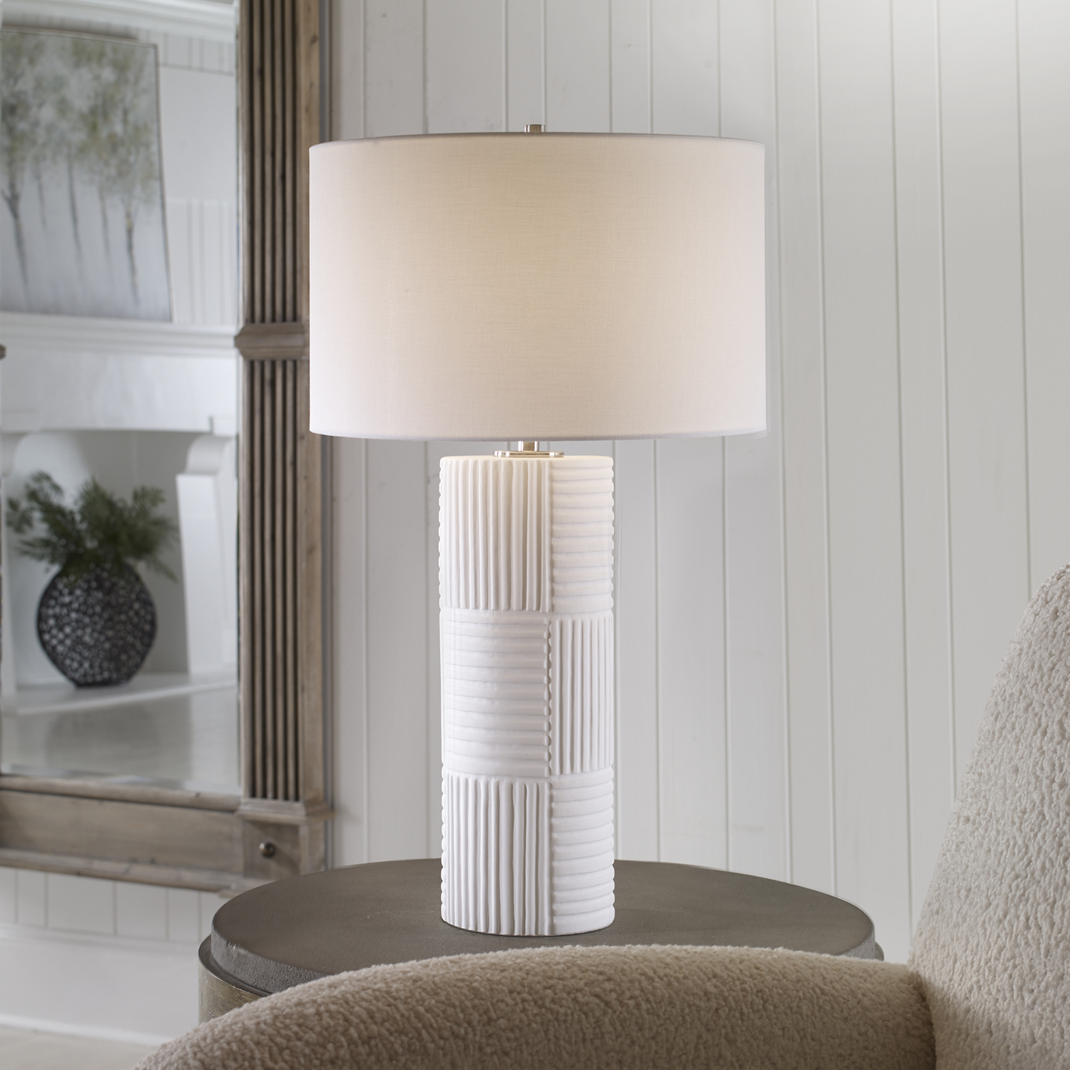 gold bedside lights Uttermost White Table Lamp This Cylinder Ceramic Table Lamp Features Alternating Linear Ridges Finished In A Stylish Satin White Glaze With Brushed Nickel Plated Iron Details.