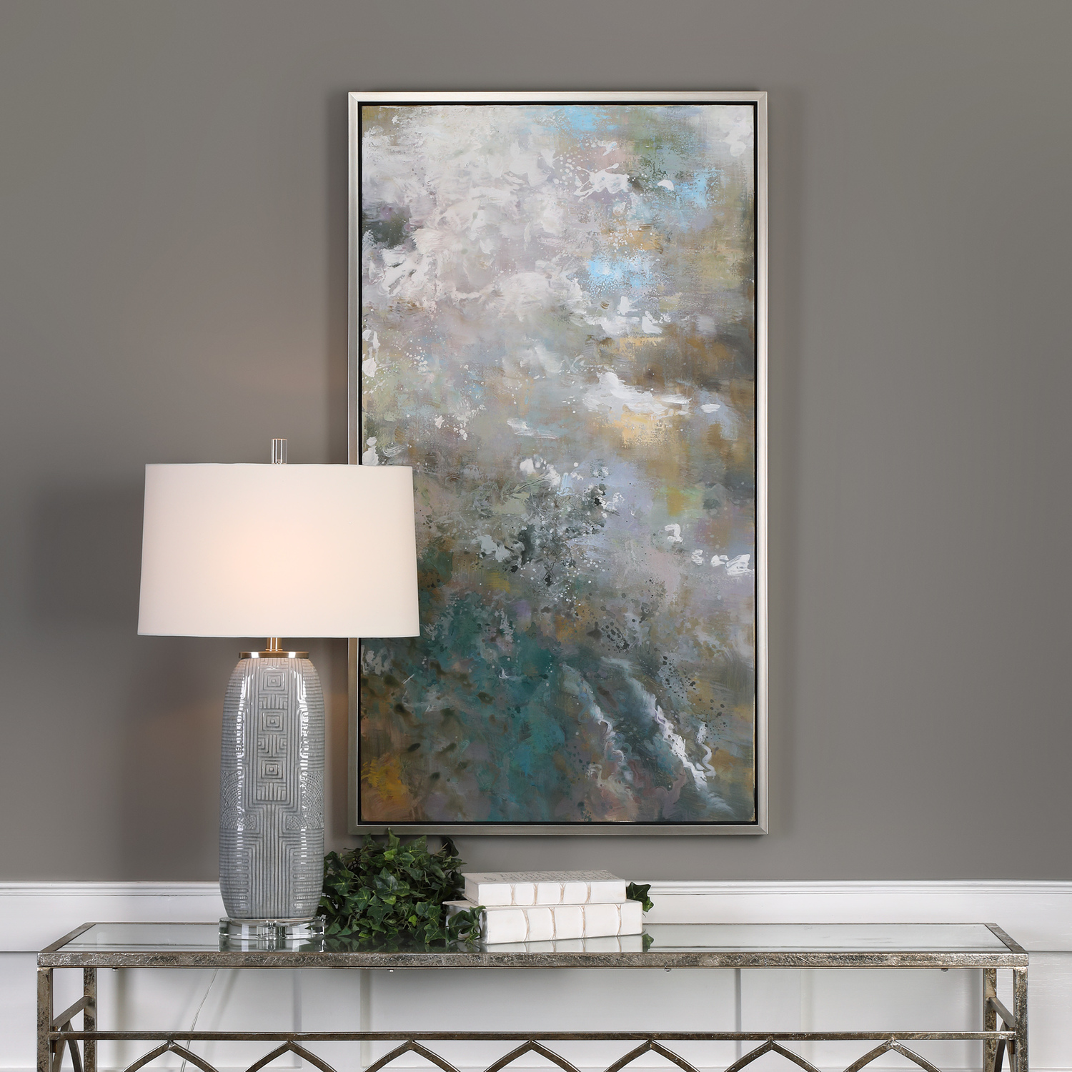 wall feather decor Uttermost Modern Art Hand Painted Canvas Over Stretchers With A Champagne Silver Gallery Frame.