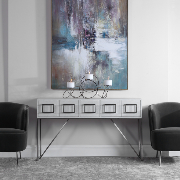 high end wall art Uttermost Abstract Art Hand Painted Canvas, Gold Leaf Gallery Frame, Abstract, Lavender, Blue, White, Black, Tan, Aqua