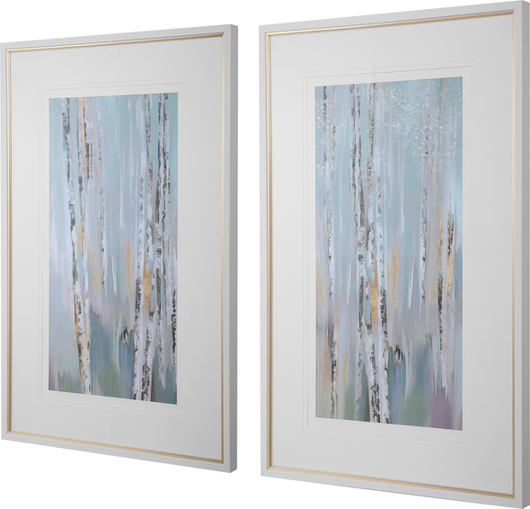 teal and gold wall art Uttermost Abstract Art Birch Tree Prints, Triple White Matting Under Glass, White Frame With Fold Inner Liner