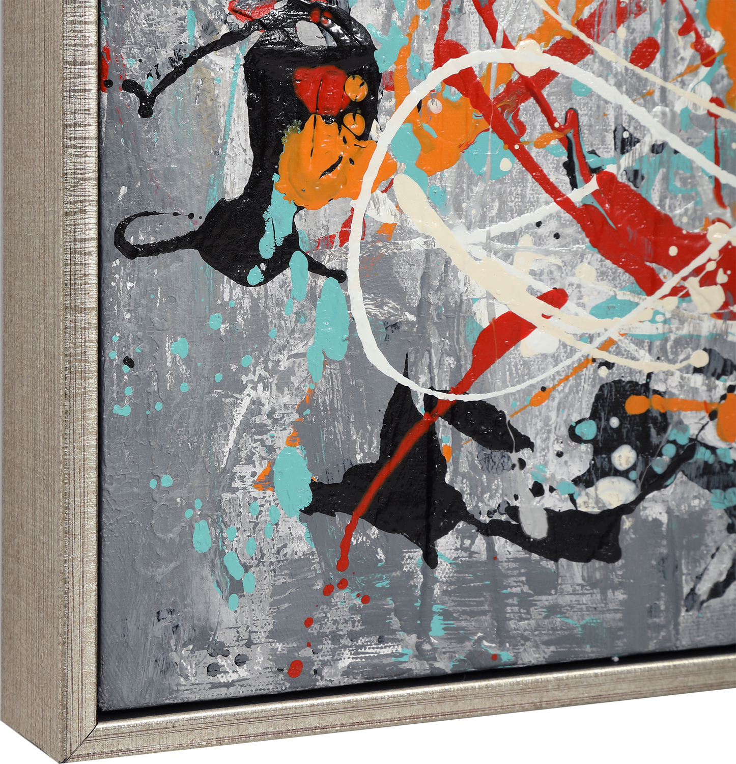 photo hanging ideas Uttermost Abstract Art Graphic Abstract With Dark Gray, White, Red, Aqua, Orange, Yellow, Black, Green, Splatter Style, Silver Leaf Gallery Frame, Hand Painting