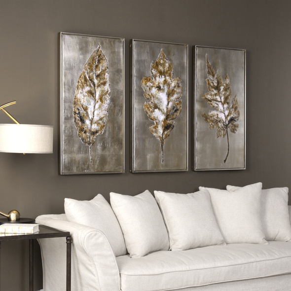 wall hanging drawing Uttermost Modern Art Burnished Champagne Finish On Frame Suurrounding Hand Painted Canvas With Fall Colors On Leaves.