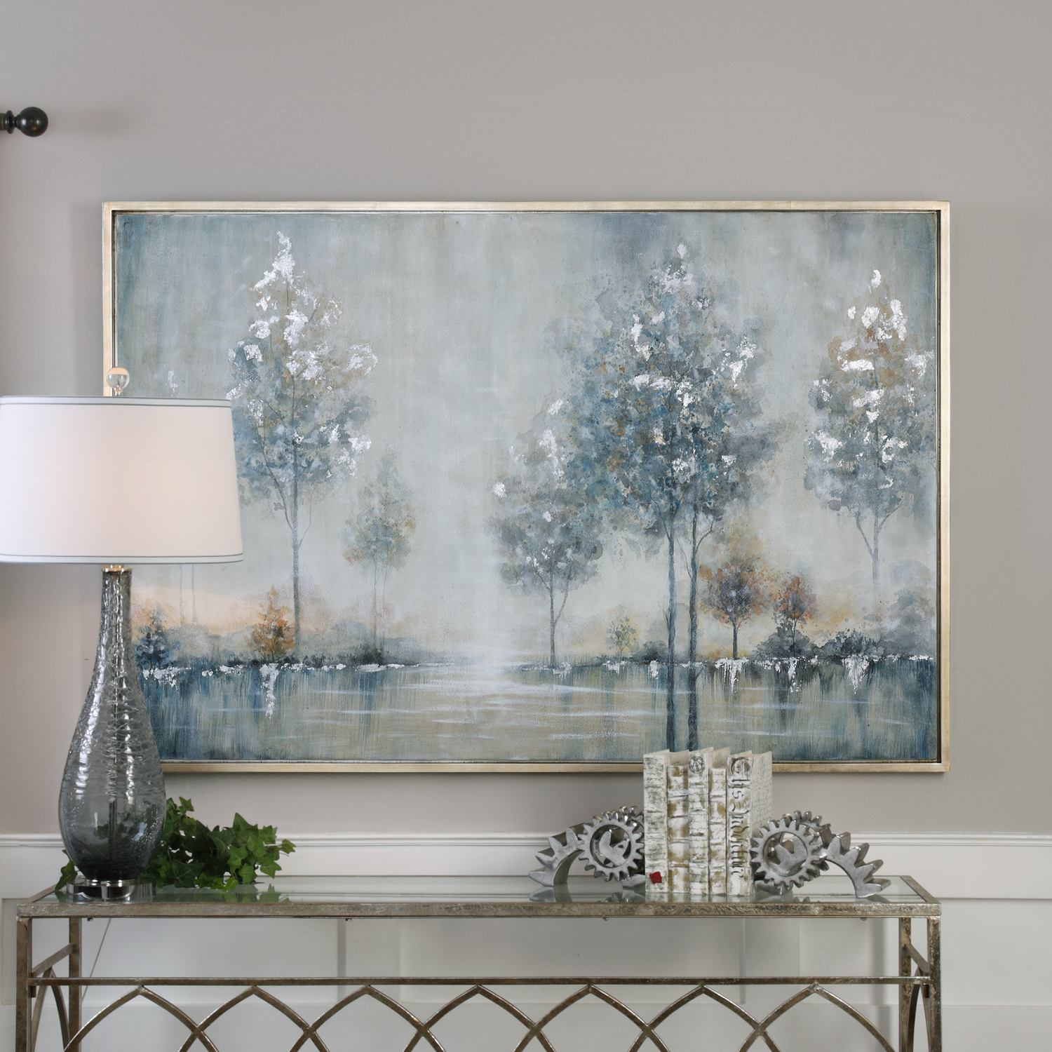 art for house walls Uttermost Landscape Art Hand Painted Canvas Stretched Over Wood Frame.  Surround Is A Silver Leaf Gallery Frame.