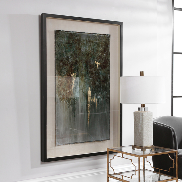 wall canvas art for bedroom Uttermost Abstract Art Matte Black Frame With Tan Background And Under Glass, Burnt Metal, Heavy On Edges, Blues, Greens, Browns, Gold Leaf Highlights