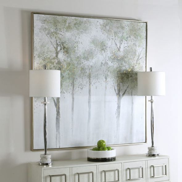 cool office artwork Uttermost Landscape Art Hand Painted, Silver Gallery Frame, Watercolor Style Trees With Green, Yellow, Gray, And White