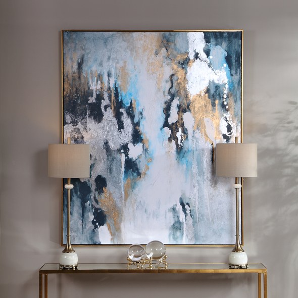 large canvas wall hanging Uttermost Abstract Art Hand Painted, Gold Leaf Gallery Frame, Texture, Teal, Blue, Green, Gold Leaf, Silver Leaf, White, Gray, Light Blue, Dark Teal, Abstract