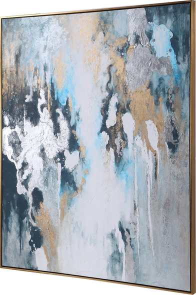 large canvas wall hanging Uttermost Abstract Art Hand Painted, Gold Leaf Gallery Frame, Texture, Teal, Blue, Green, Gold Leaf, Silver Leaf, White, Gray, Light Blue, Dark Teal, Abstract