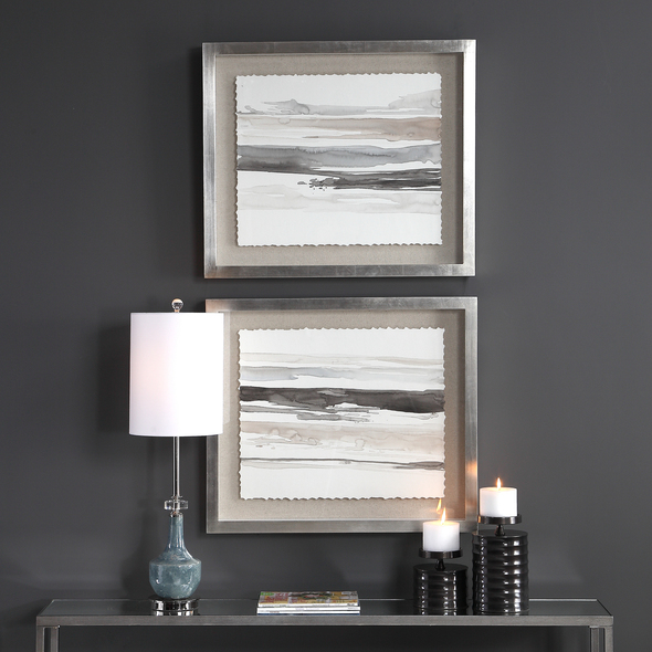 buddha wall decor Uttermost Landscape Art Silver Champagne Frame, Oatmeal Linen Background, Parchment Paper With Deckled Edge, Light Gray, Charcoal, And White Watercolor Abstract, S/2