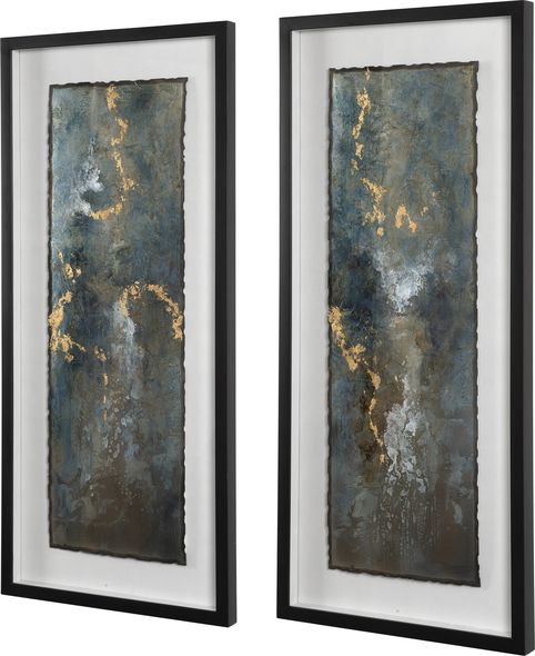 vine wall decor Uttermost Abstract Art Black Shadowbox Style Frame, Torn Edge, Metal Sheet, Oatmeal Linen Backing, Turquoise, Blue, Gold Leaf, White