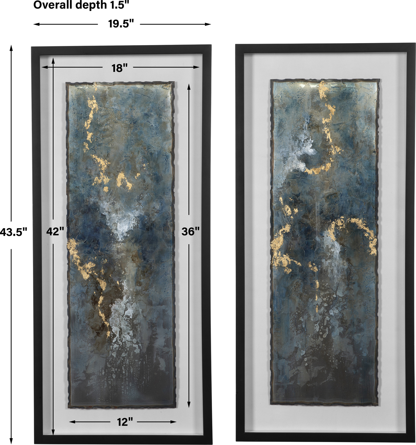 vine wall decor Uttermost Abstract Art Black Shadowbox Style Frame, Torn Edge, Metal Sheet, Oatmeal Linen Backing, Turquoise, Blue, Gold Leaf, White