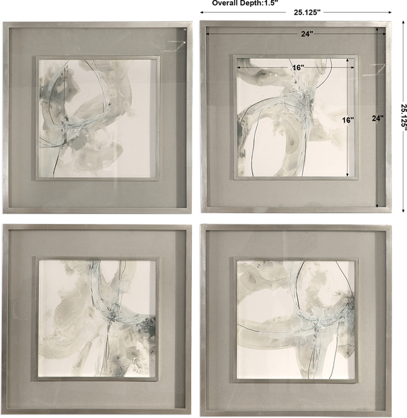 gold floral wall art Uttermost Abstract Art Siver Leaf Frame And Fillet, Warm Gray Mat, White Background With Warm Gray, Charcoal And Off White Print Colors.