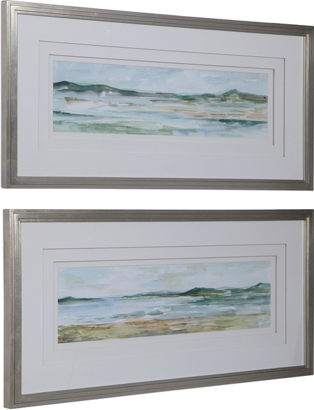 modern art deco wall art Uttermost  Abstract Seascape Art Champagne Silver Frame. Three White Mats With Spacers In Between. Colors Of Greens, Lighter Blues, Creams To Whites, Hints Of Brown Outlining Green And Sand Colors. Under Glass.