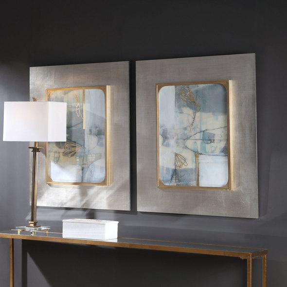 artwork for living room Uttermost Abstract Print Light Blue, Gray, Taupe, Gold Leaf, Framed Prints, Under Glass, Silver Leaf Frame With Gold Leaf Fillet, Gray-blue