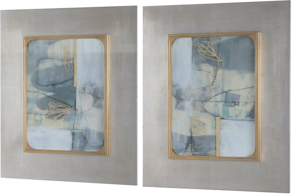artwork for living room Uttermost Abstract Print Light Blue, Gray, Taupe, Gold Leaf, Framed Prints, Under Glass, Silver Leaf Frame With Gold Leaf Fillet, Gray-blue