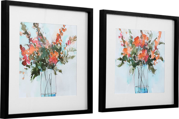 canvas art decor Uttermost Floral Prints Apricot, Sage, Blue, Magenta, Charcoal Tones, Watercolor Style, Floral Bouquets, Black Wood Frame With Wood Texture, One White Mat In Fabric Wrap