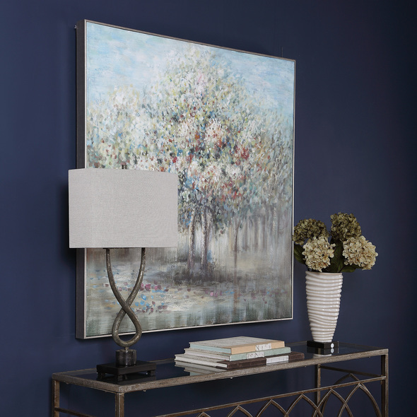 outdoor wall art for house Uttermost Landscape Art Metallic Silver Gallery Frame, With Blue Greens, Orange, Black, Raspberry.  Handpainted On Canvas
