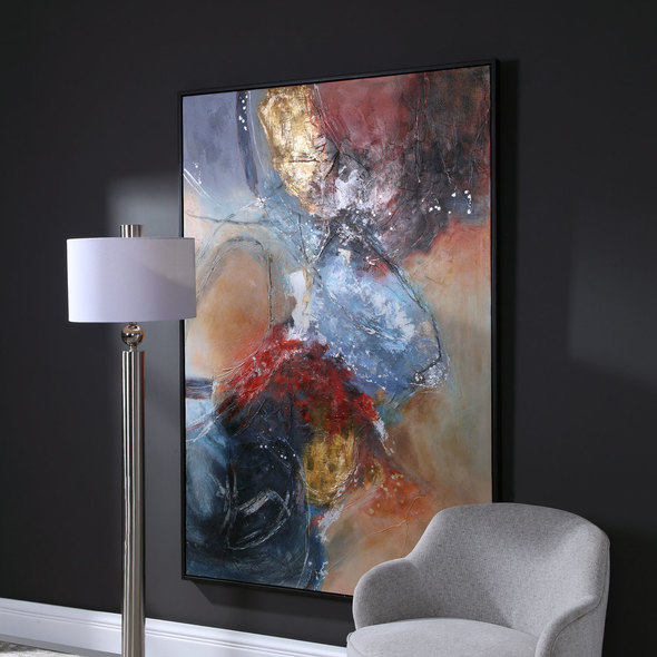 large statement wall art Uttermost Abstract Art Hand Painted Abstract, Matte Black Gallery Frame, Orange, Red, Blue, Silver Leaf