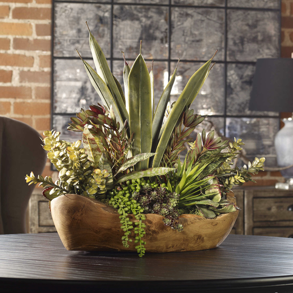 decorative garden flowers Uttermost Botanicals Dense And Lush Mix Of Succulent Plants Including Aloe, Jade, Bromeliad, String Of Pearls, And Others In A Hand Carved, Natural Teak Bowl.