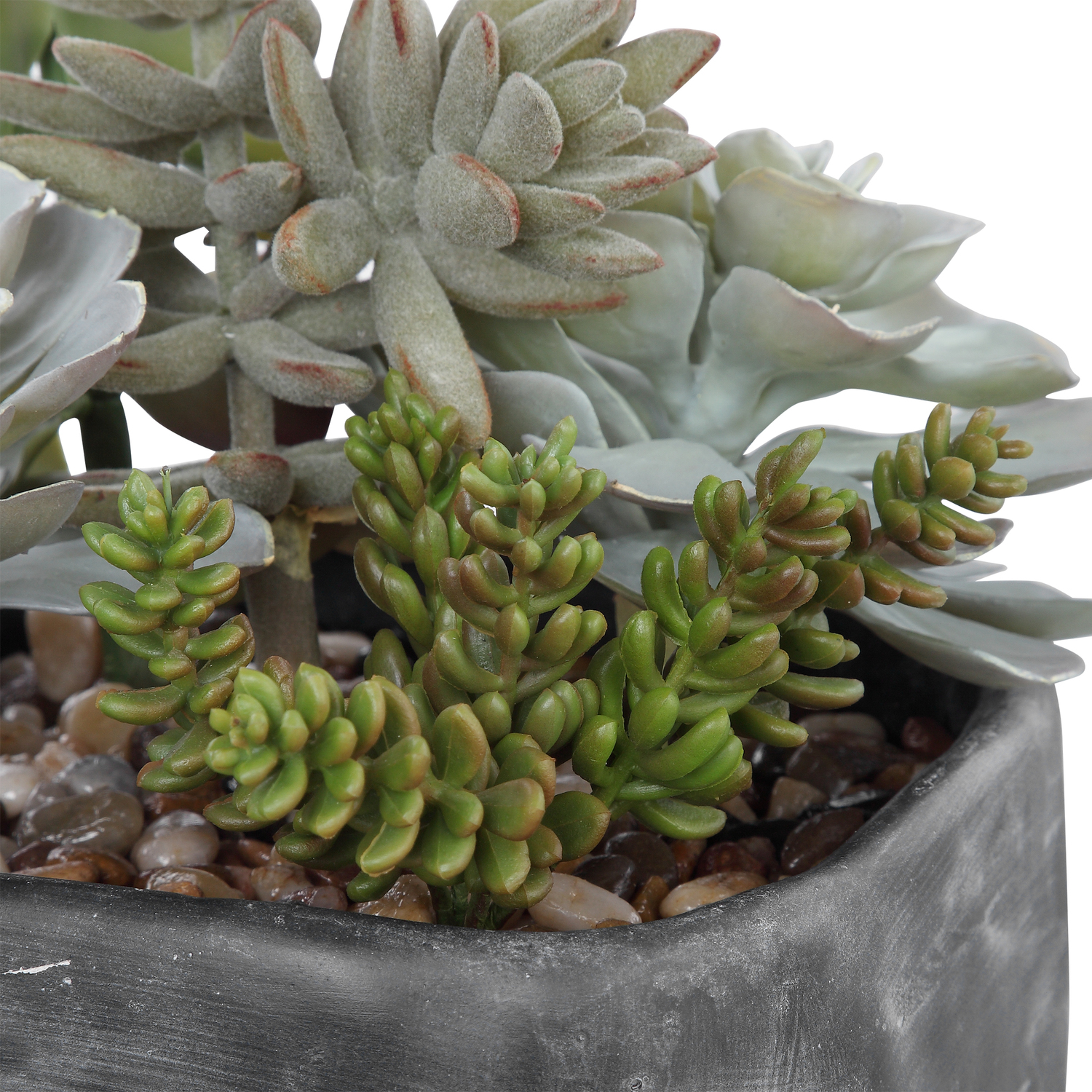 decorative boxwood Uttermost Artificial Flowers / Centerpiece A Contemporary Desert Garden Mix Of Succulents Accented With An Arid Bed Of Natural Pebbles In A Mottled Charcoal Gray Concrete Planter.