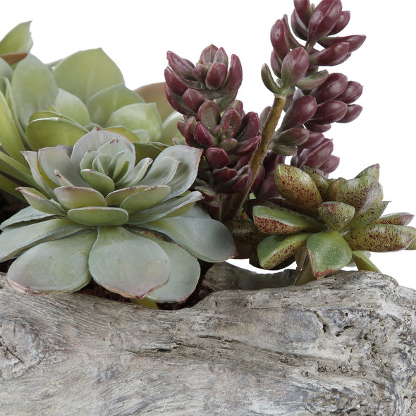 little artificial flowers Uttermost Artificial Flowers / Centerpiece A Lush Mix Of Succulents In Varying Tones Of Greens And Burgundy Over A Faux Soil Mixture, Filling A Solid Concrete Container Resembling A Life-like Driftwood Log.
