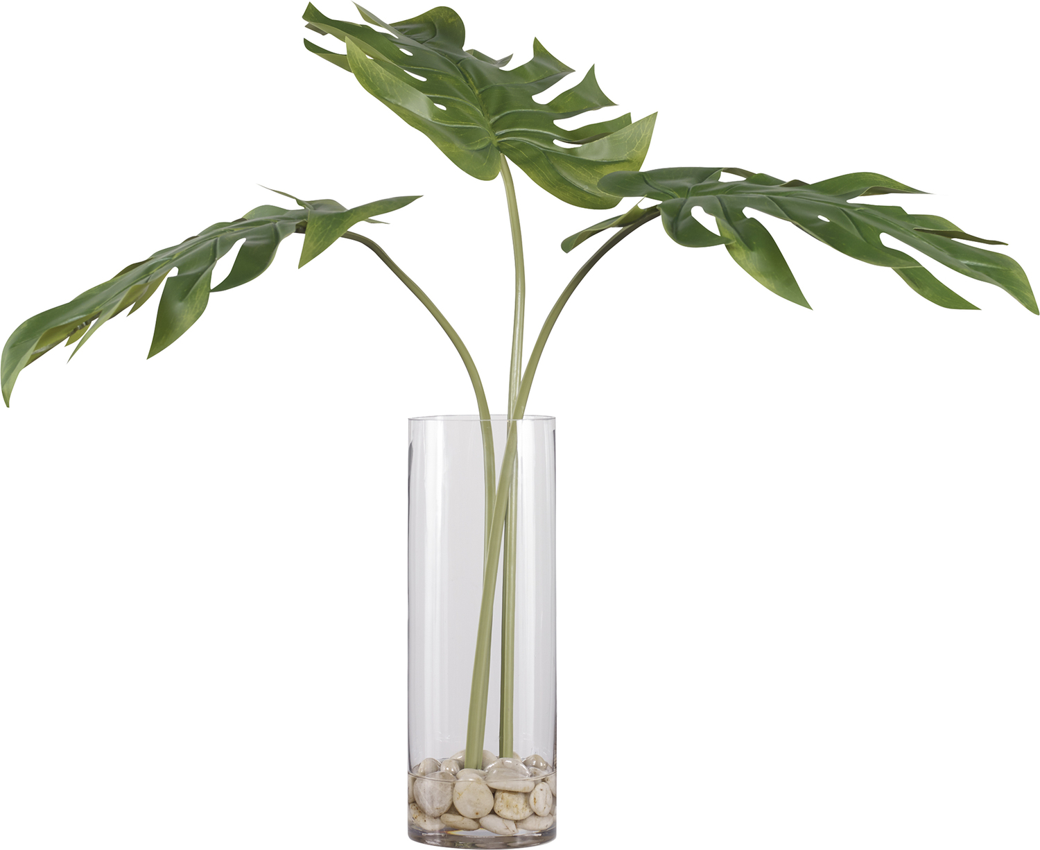 silk floral bouquets Uttermost Botanicals Contemporary Split Leaf Palm Trio Artfully Arranged In A Clear Glass Cylinder Vase With Natural Stones And Faux Water.