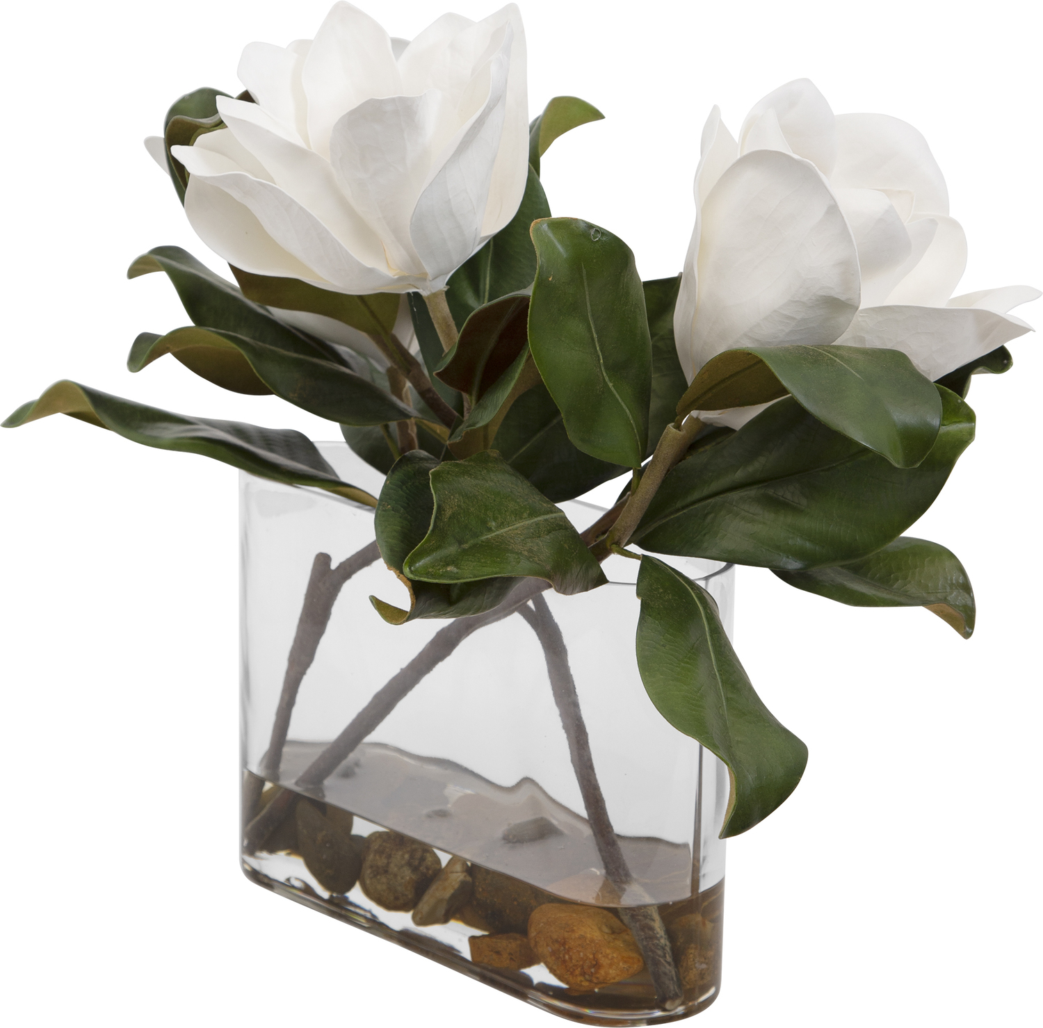 topiary tree centerpieces Uttermost Artificial Flowers / Centerpiece A Trio Of White Magnolia Blooms Are Placed In A Clear Glass Vase With Faux Water And Natural River Stones.