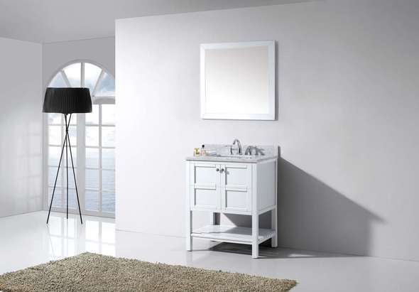 white double vanity with black hardware Virtu Bathroom Vanity Set Light Transitional
