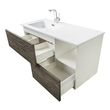 wooden vanity bathroom Cutler Kitchen and Bath Medium Gray Woodgrain, White Sink