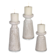 wall mounted candelabra Uttermost Candleholders Set Of Three Candleholders Feature A Lightly Textured Ceramic With Crackled Glaze Finished In An Ombre, Light Antique Sand With Crystal Bases. Three, 3"x 3" Off-white Distressed Candles Included. Sizes: S-5x7x5, M-5x9x5, L-5x11x5