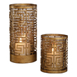 decorative glass tea light holders Uttermost Candleholders This Set Of Two Hurricane Candleholders Features A Heavily Antiqued Gold Finish Over An Open Iron Pattern Surrounding Copper Bronze Luster Glass Globe Inserts. Includes One 3"x 3" And One 3"x 4" White Candles.