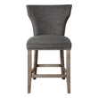 blue wingback chair Uttermost Bar & Counter Stools Chairs Supportive Comfort In A Curved Back Design, Covered With Warm Charcoal Gray Linen And Accented By Polished Nickel Nail Head Trim.  Honey-stained Frame Is Finished With Heavy Gray Wash, With An Antique Brass Finished Kick Plate. Seat Height Is 25".