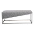 light gray bench Uttermost Bench Showcasing Sleek Angular Lines, This Bench Is The Perfect Modern Accent. The Forged Iron Base Is Finished In Brushed Silver Leaf And Is Accented By A Medium Gray And White Geometric Fabric.
