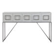 natural end table Uttermost  Console & Sofa Tables Clean Contemporary Styling, Featuring Oak Veneer Finished In A Soft White With Light Gray Distressing. Accented With Statement Hardware In Brushed Nickel Stainless Steel With A Coordinating Base. Has Two Double Drawers And One Single Drawer In The Center.