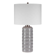 white and brass lamp Uttermost Light Gray Table Lamp This Traditional Ceramic Table Lamp Has An Elegant, Overlaid Lace Design With A Delicate Light Gray Glaze, Accented With Brushed Nickel Plated Details.