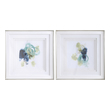 framed art for sale Uttermost Abstract Art White Frame With Silver Leaf Surround, Triple Matted With Spacers, White Background With Teal, Royal Blue, Yellow-green Watercolor Tones