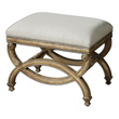 red square ottoman Uttermost Benches Hand Carved, White Mahogany Frame With Antiqued Almond Finish. Covering Is Natural Linen And Cotton With Stain Resistant Fabric Protector Accented By Champagne Silver Nails. Carolyn Kinder