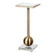 modern contemporary coffee table Uttermost Accent & End Tables Elegant Drink Table In Brushed Brass Plated Metal Accented With A Beveled Mirror Top And Thick Crystal Foot.