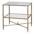 house and home coffee tables Uttermost Accent & End Tables Gold Leaf Finish With Heavy Antiquing On Iron Frame With Iron Cross Stretchers. Top Is Reinforced Mirror And Gallery Shelf Is Clear Tempered Glass. Matthew Williams