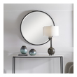 modern mirror design for bathroom Uttermost Round Mirror This Urban Industrial Design Features A Delicate But Large Iron Frame, Finished In A Rustic Black, Enhanced With Exposed, Antique Gold, Smooth Screw Caps.