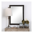 tall framed wall mirror Uttermost  Vanity Mirror Crafted From Hand Forged Iron, This Rectangular Mirror Features Raised Geometric Detailing Finished In A Rustic Aged Black With Subtle Silver Highlights And A Gray Patina Wash. The Mirror Is Surrounded By A Generous 1 1/4" Bevel And May Be Hung Horizontal Or Vertical.