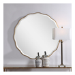 bathrooms with oval mirrors Uttermost Gold Round Mirror Showcasing A Feminine Scalloped Edge, This Shaped Wood Mirror Adds Whimsical Flair To Any Design. The Mirror Is Finished In Aged Gold And Has A 1 1/4" Bevel.