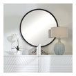 brown framed bathroom mirror Uttermost Round Mirror Smooth Rounded Frame Encased In A Thick Iron Band Finished In An Aged Black With Subtle Gray Highlights.