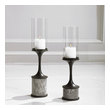 floor candle holders Uttermost Candleholders Set Of Two Candleholders Feature A Fluted Iron Base Finished In A Dark Gunmetal With Smoke Gray, White Marble Accents And Clear Glass Hurricanes. Two 3"x 3" White Candles Are Included. Sizes: S-5x20x5, L-5x22x5