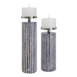 small decorative candle holders Uttermost Candleholders Set Of Two Ceramic Candleholders Are Finished In A Vertically Striped Ivory And Cobalt Glaze, Accented By Iron Candle Cups Finished In Polished Nickel With Two 4"x 3" Distressed Off-white Candles Included. Sizes: S-4x14x4, L-4x17x4