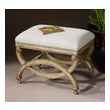 red square ottoman Uttermost Benches Hand Carved, White Mahogany Frame With Antiqued Almond Finish. Covering Is Natural Linen And Cotton With Stain Resistant Fabric Protector Accented By Champagne Silver Nails. Carolyn Kinder