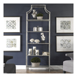 bedroom display shelves Uttermost Etageres Transitional In Style, This Forged Iron Etagere Features A Bright Silver Leaf Finish With Five Tempered Glass Shelves.
